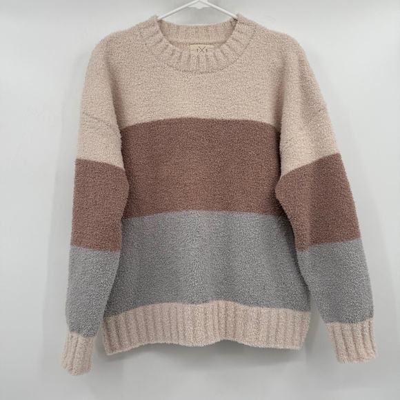 Thread Supply Sweater Women Medium Ivory Mauve Fuzzy Long Sleeve Pullover Comfy - Picture 1 of 11